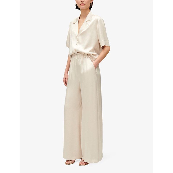 Smocked-waistband wide-leg satin trousers