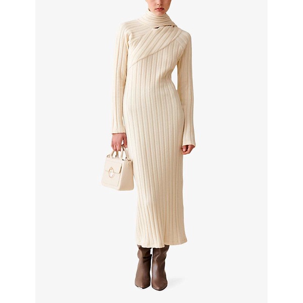 Tie-scarf long-sleeve ribbed stretch-knit midi dress