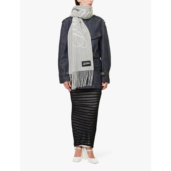 Pinstriped branded-print wool-blend scarf