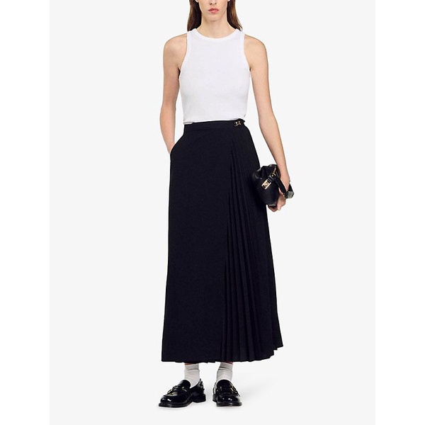 Chain-embellished pleated woven maxi skirt