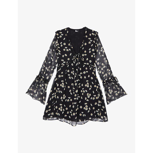 Daisy-print ruffled silk mini dress