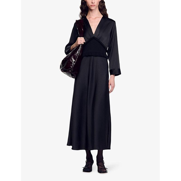 Satin-effect long-sleeve woven maxi dress