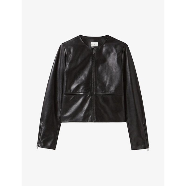 Round-neck short zip-up leather jacket