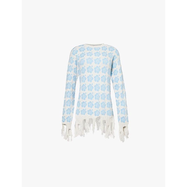 Floral-pattern frayed-hem cotton-blend jumper