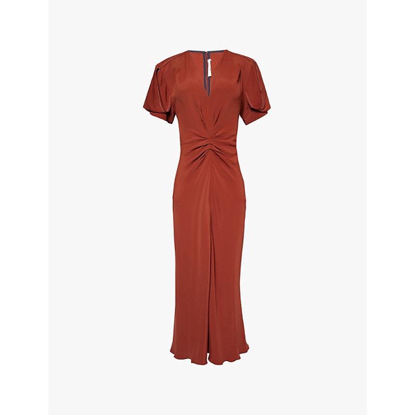 V-neck ruched-front crepe midi dress