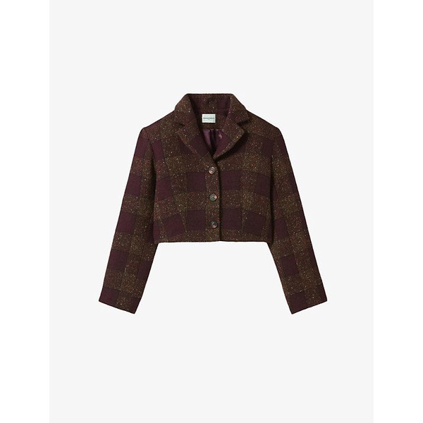 Check-pattern cropped wool and cotton-blend jacket