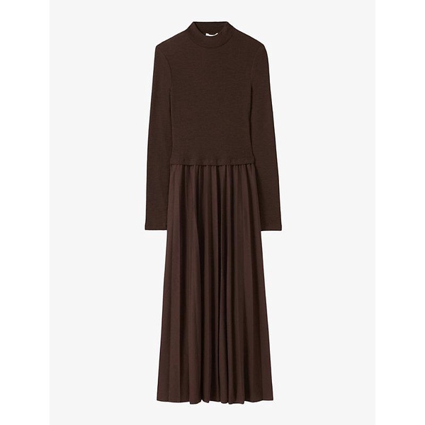 Long-sleeved pleated-skirt woven midi dress