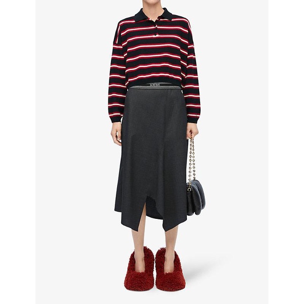 Logo-embroidered asymmetric wool midi skirt