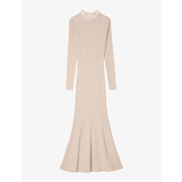 Frill-collar long-sleeve ribbed wool and cashmere-blend midi dress