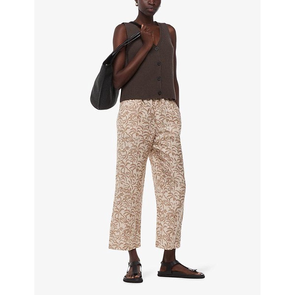 Palm-print elasticated-waist linen-blend trousers