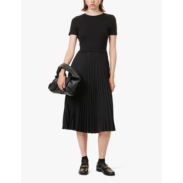 Pleated-skirt short-sleeve cotton-blend midi dress