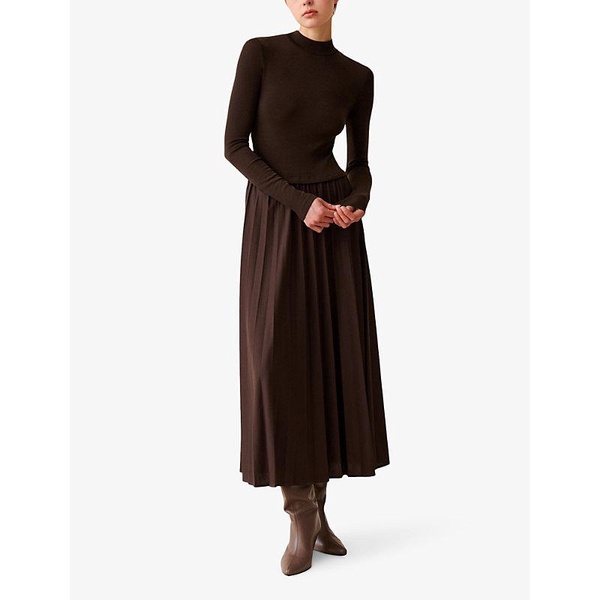 Long-sleeved pleated-skirt woven midi dress