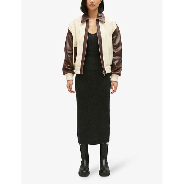 Contrast-trim leather and knit-rib bomber jacket