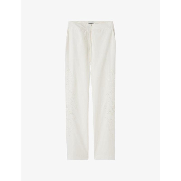 Butterfly-embroidered straight-leg high-rise cotton trousers