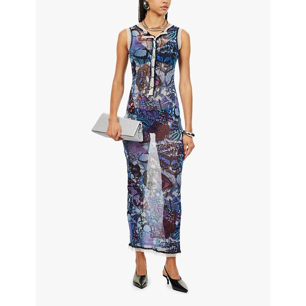 Butterfly graphic-print stretch-mesh maxi dress