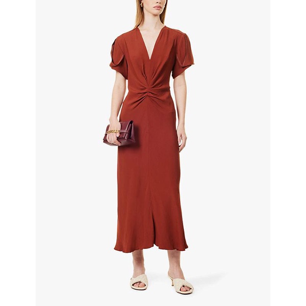 V-neck ruched-front crepe midi dress