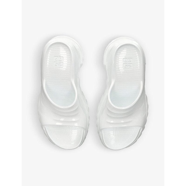 Marshmallow patent-rubber wedge mules