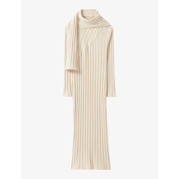 Tie-scarf long-sleeve ribbed stretch-knit midi dress