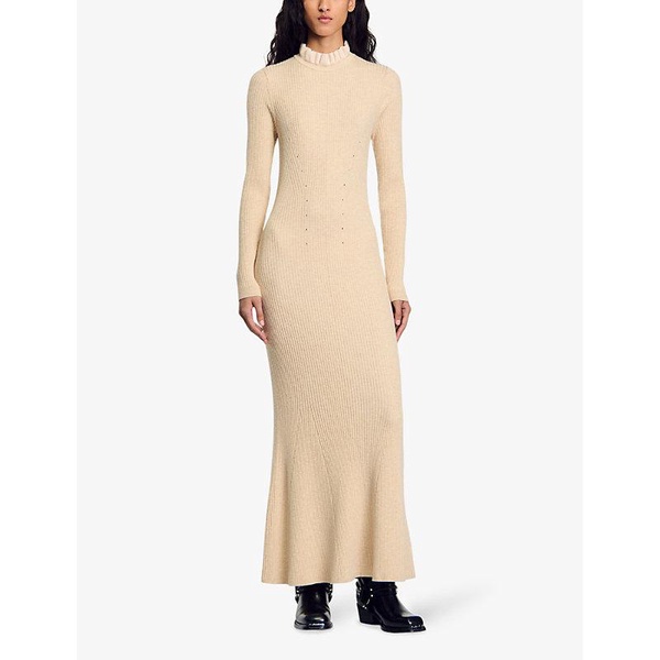 Frill-collar long-sleeve ribbed wool and cashmere-blend midi dress