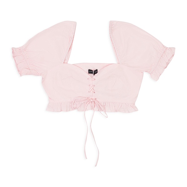 lace up ruffle pink crop top