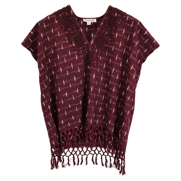 v-neck printed top in burgundy cotton