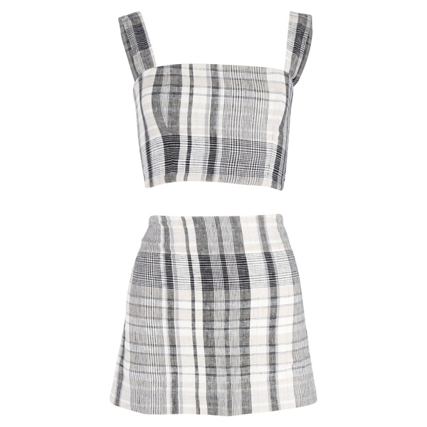 plaid top and mini skirt set in grey linen