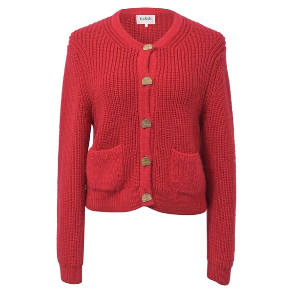 knitted purrl button-front cardigan in red wool