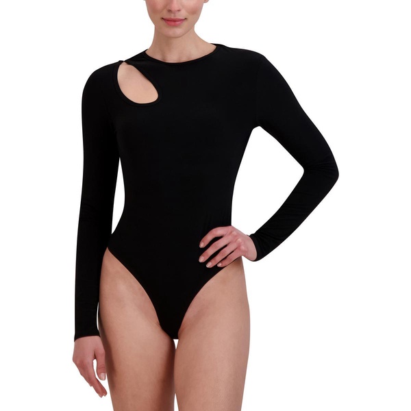 BCBGMAXAZRIA womens Round Neck Long Sleeve Cut Out Bodysuit