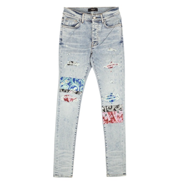 blue pajama art patch skinny jeans