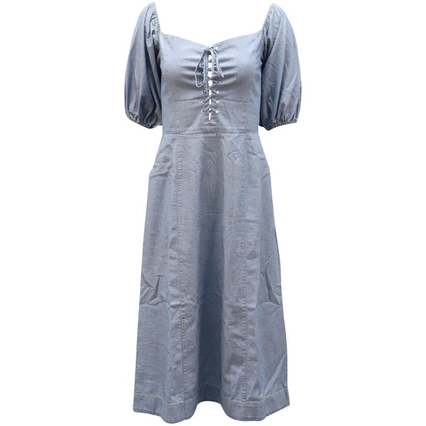 puffy sleeve shirred dress in light blue cotton