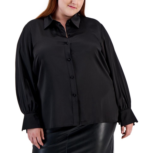 plus womens satin collared button-down top