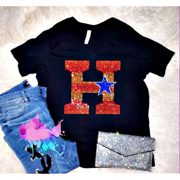 women's houston astros rhinestone v neck tee in black