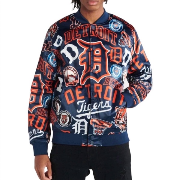 men's detroit tigers all over print satin jacket in midnight navy