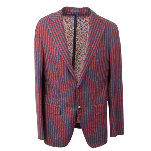 navy and red linen blend stripe single breasted blazer