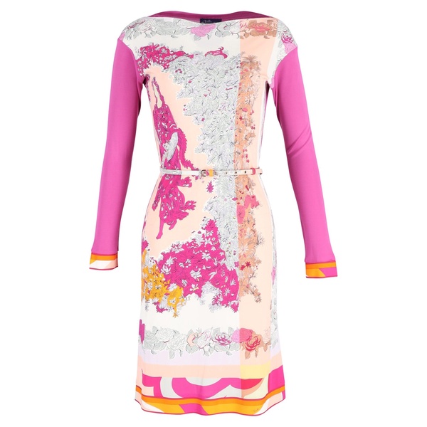 printed long-sleeved belted midi dress in pink viscose