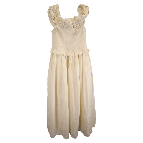 frida off-the-shoulder ruffled midi dress in cream ramie