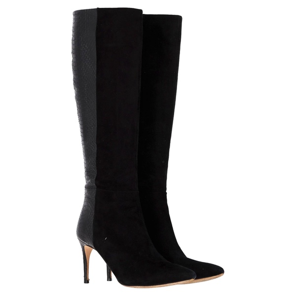 knee-length with snakeskin effect boots in black suede