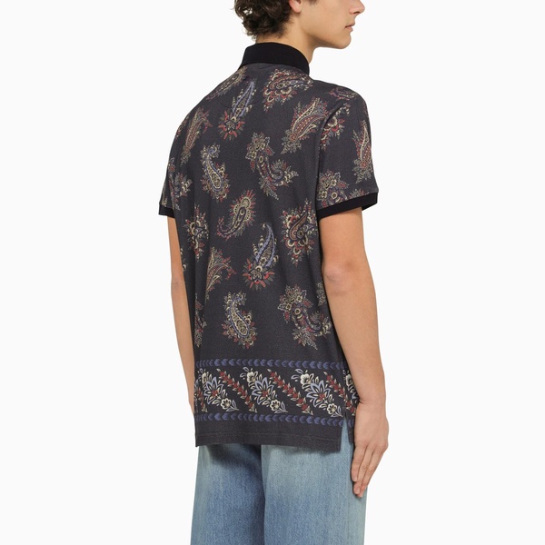 Etro Black Short Sleeved Polo With Paisley Print