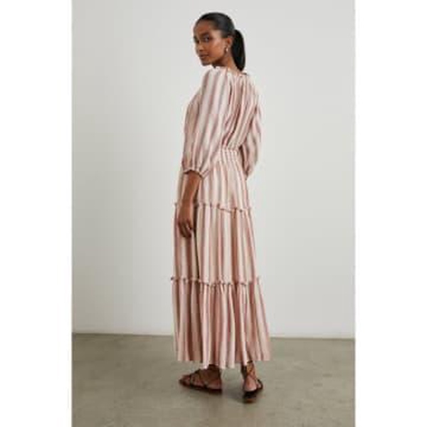 Caterine Multi Stripe Tie Neck Midi Dress Col: Pink Multi, Size: