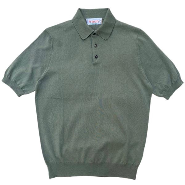 Extra Fine Crepe Cotton Knitted Polo In Olive Green