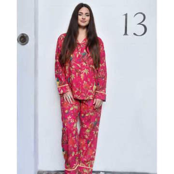 Hot Pink Bird Printed Ladies Pyjamas with Yellow Pom Pom Trims