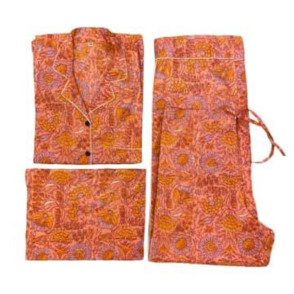 Pyjama Set Cotton Floral Block Print Apricot