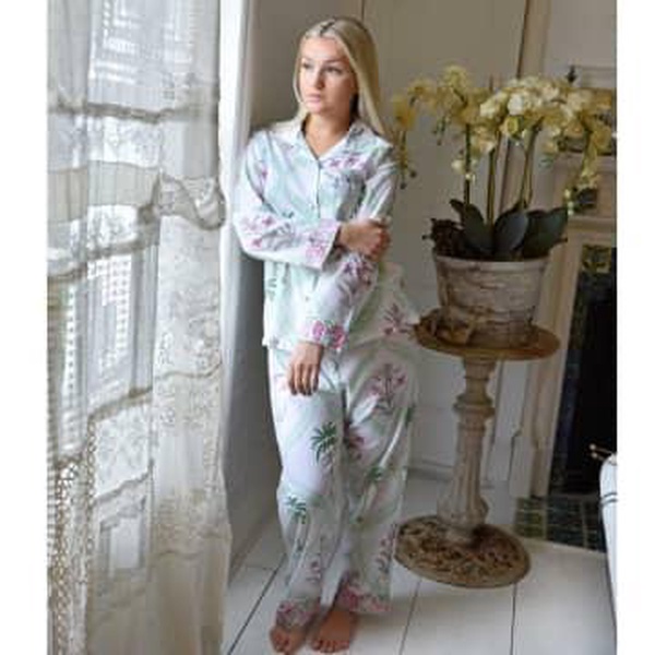 Pink Palms Print Ladies Pyjamas - 100% Cotton