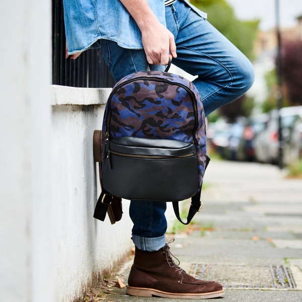 Camo And Leather Backpack -Blue Camo