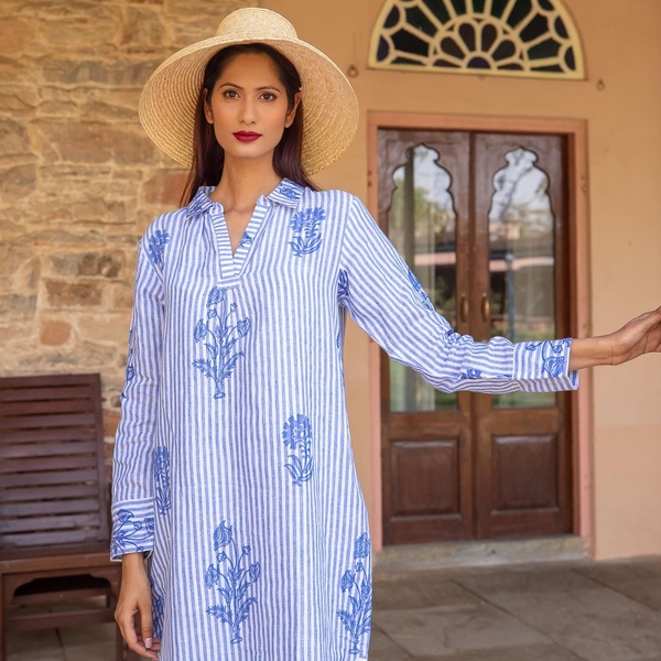 Tourist Hand Printed Stripe Linen Tunic Dress - Blue And White