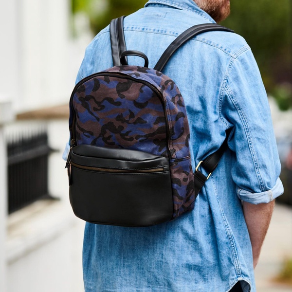 Camo And Leather Backpack -Blue Camo