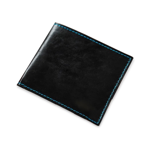 Black Leather Wallet With Contrast Blue Stitch