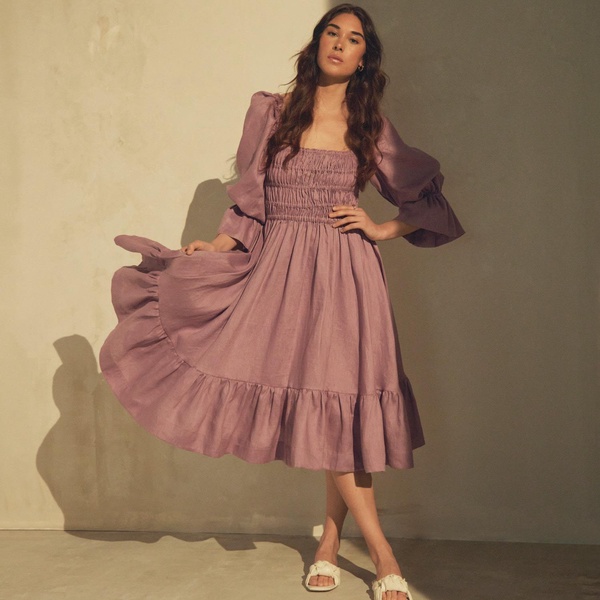 Amelia Ruched Midi Linen Dress In Rhapsody Purple