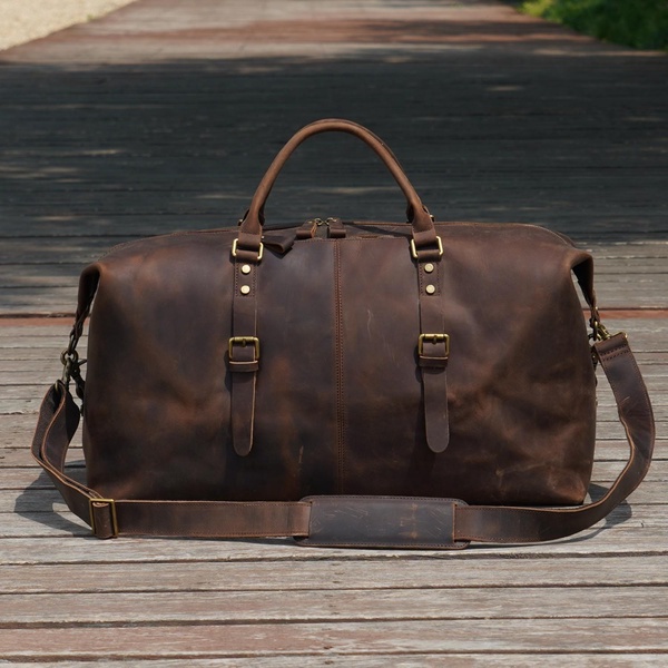 Zip Detail Genuine Leather Holdall - Vintage Dark Brown