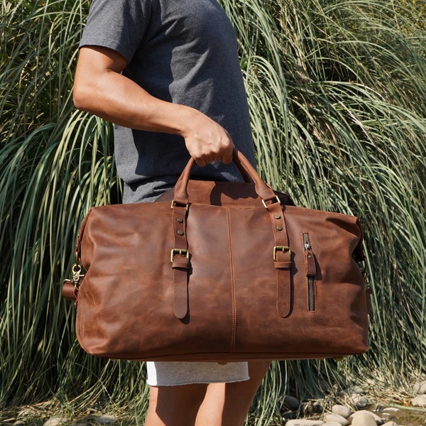 Zip Detail Genuine Leather Holdall - Light Brown